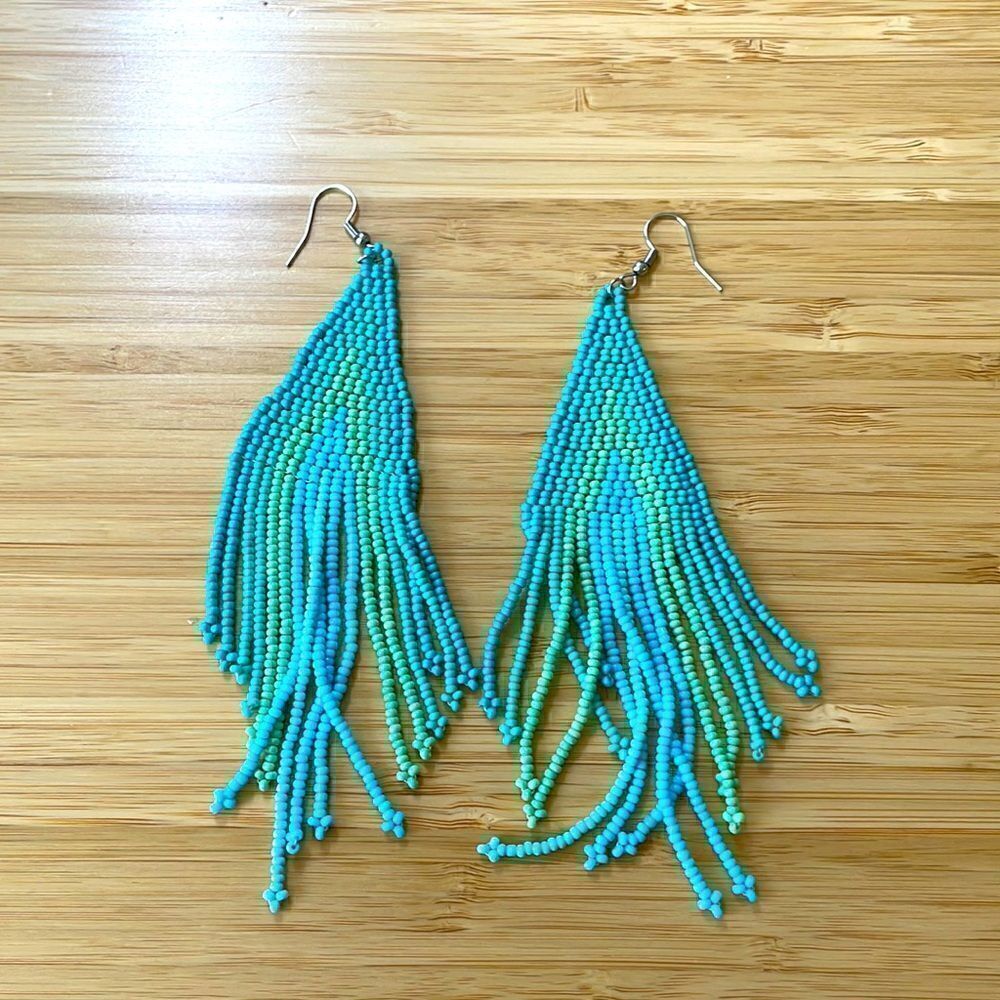 Blue Bohemian Beaded handmade Tassel Pendant Dangle Earrings